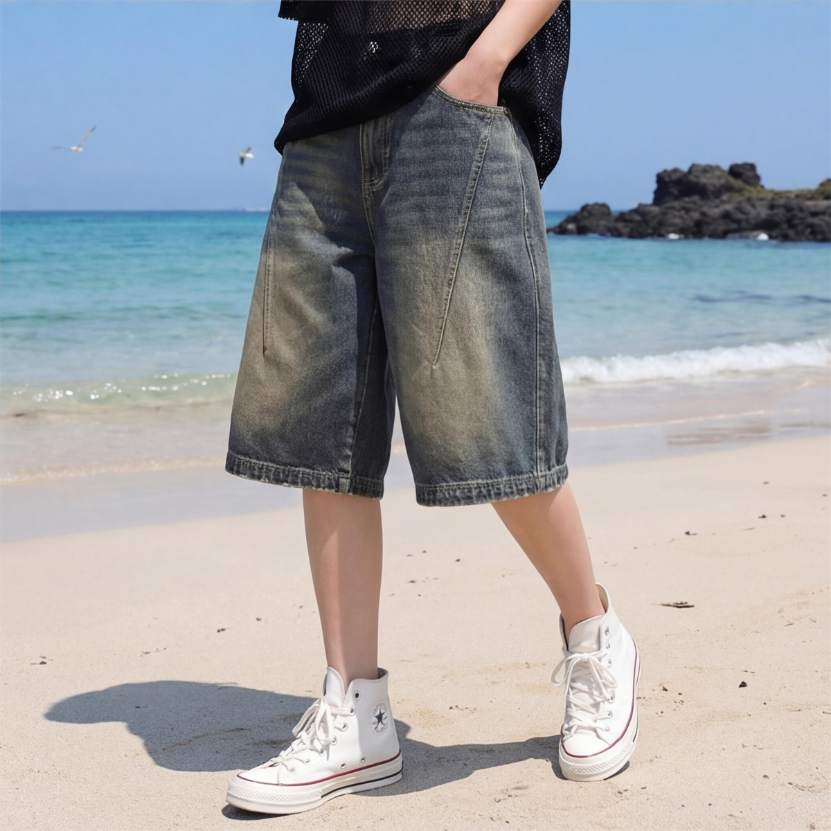 Mens Fashion Denim - High Street Vintage Gradient Denim Shorts