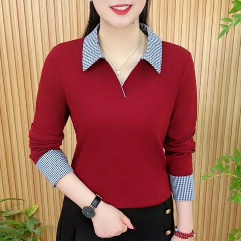 Women's Polo Collar Plaid Patc - Polo Shirt Slim 评论和价格