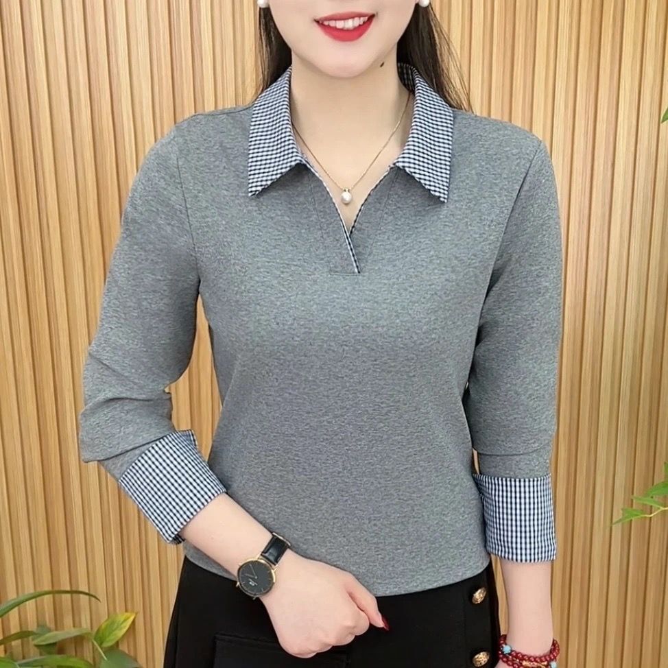 Women's Polo Collar Plaid Patc - Polo Shirt Slim 评论和价格