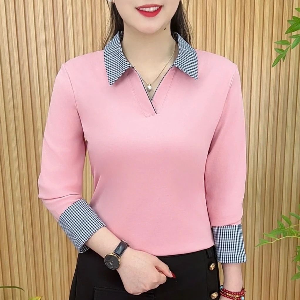 Women's Polo Collar Plaid Patc - Polo Shirt Slim 评论和价格