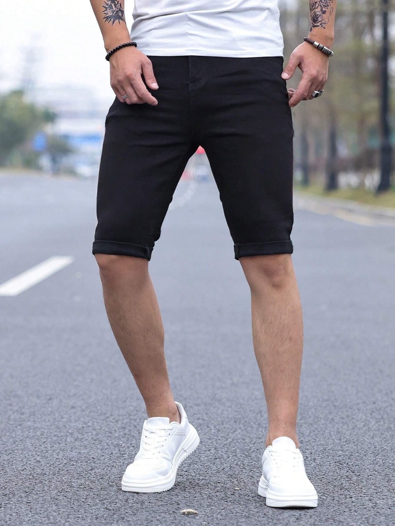 Men's jorts Slim Fit Black Str - Mens Fashion Denim 评论和价格
