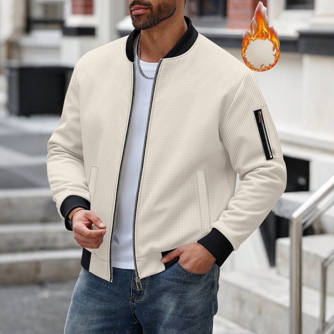Men's Waffle Textured Thermal  - Mens Fashion Bomber Jacket 评论和价格