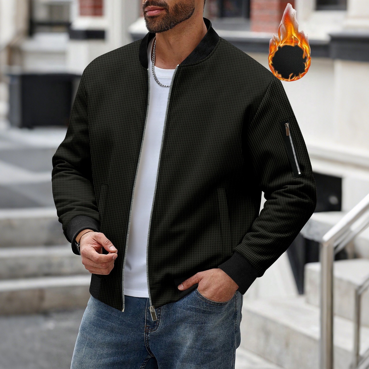 Men's Waffle Textured Thermal  - Mens Fashion Bomber Jacket 评论和价格