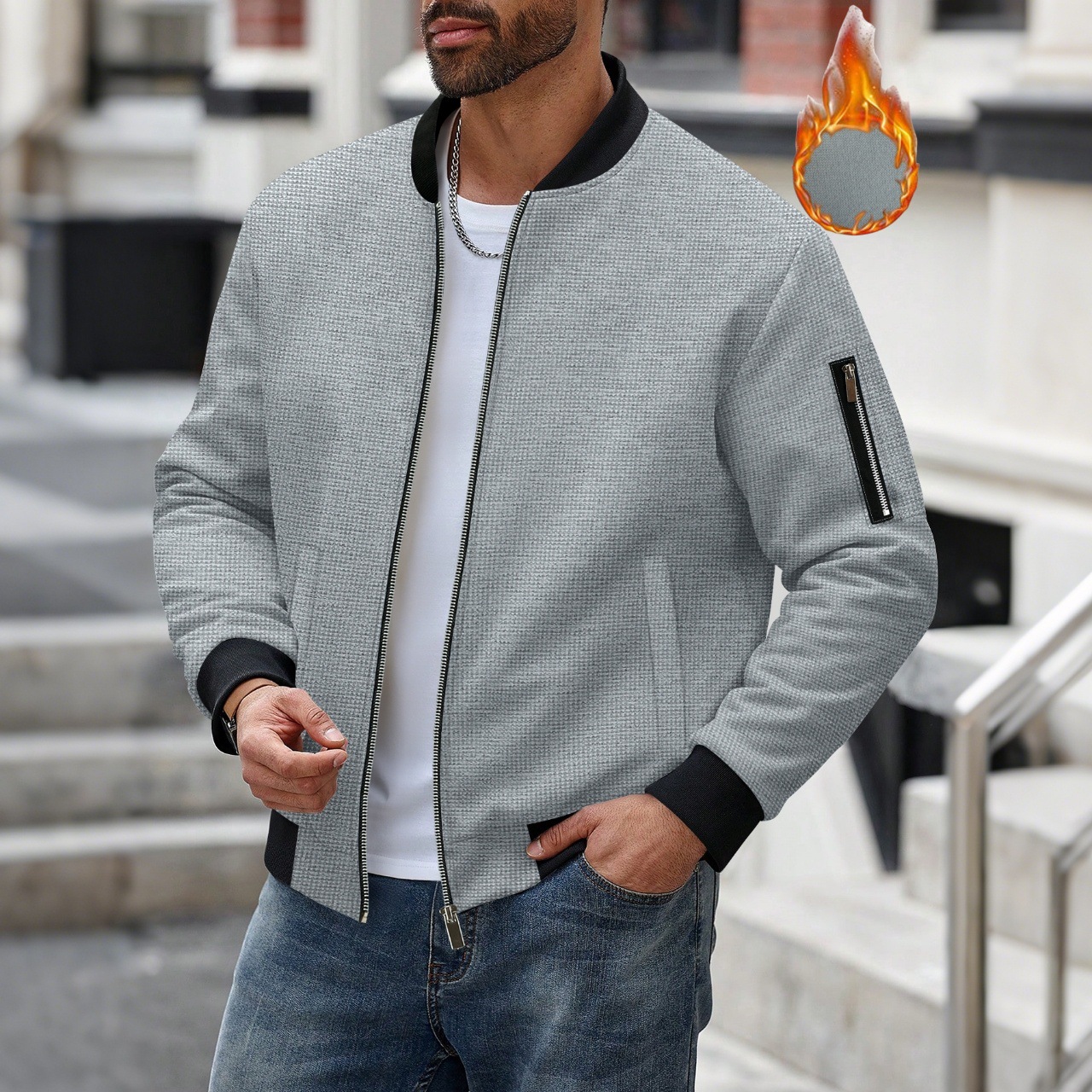 Men's Waffle Textured Thermal  - Mens Fashion Bomber Jacket 评论和价格