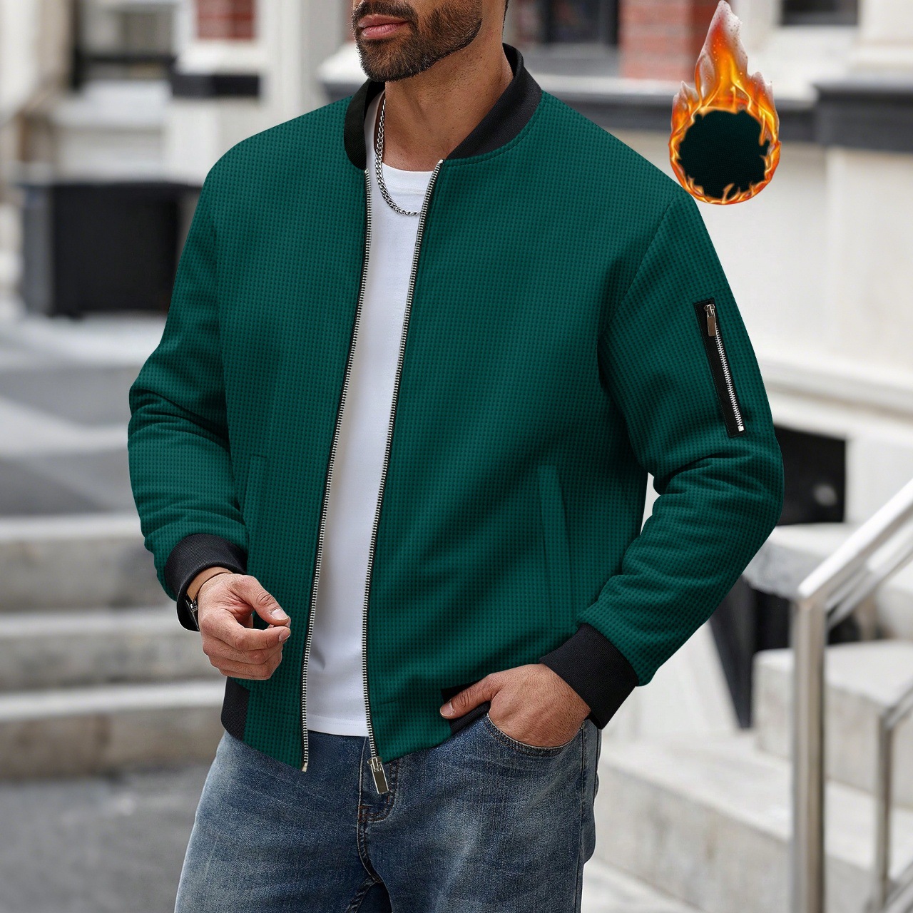 Men's Waffle Textured Thermal  - Mens Fashion Bomber Jacket 评论和价格