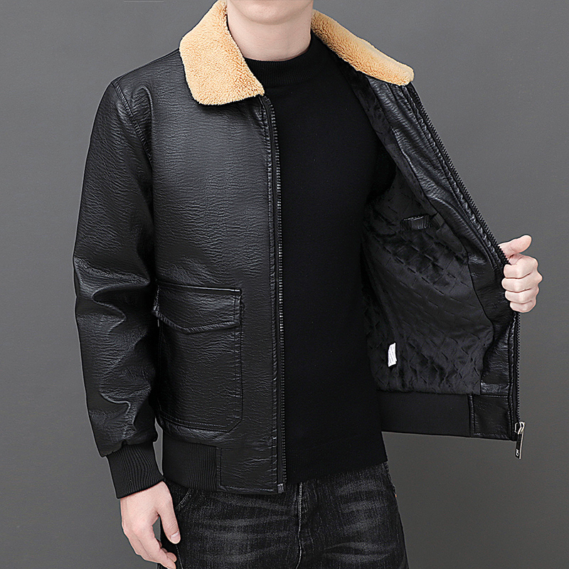 Solid Zipper Design Leather Ja - Mens Fashion Bomber Jacket 评论和价格