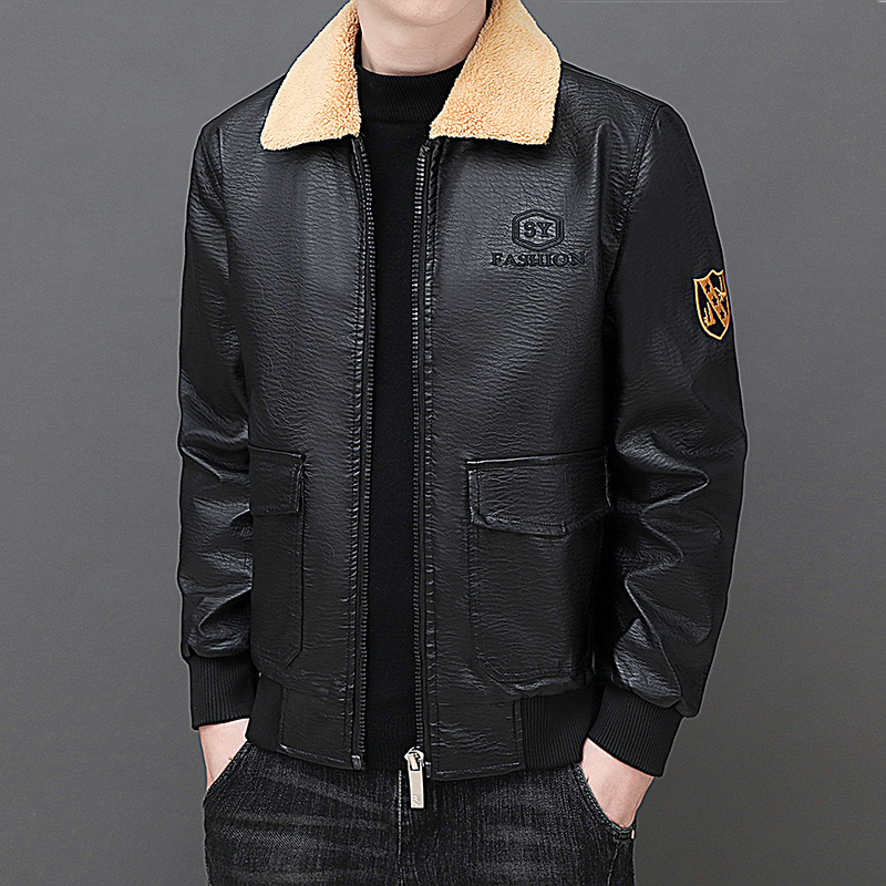 Solid Zipper Design Leather Ja - Mens Fashion Bomber Jacket 评论和价格